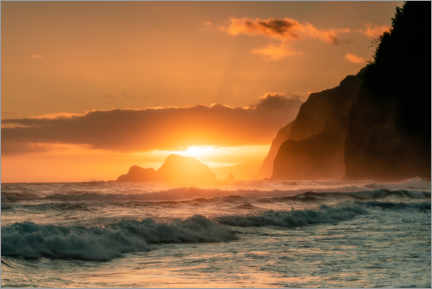 Wandbild  Sonnenaufgang an der Küste von Hawaii - Road To Aloha