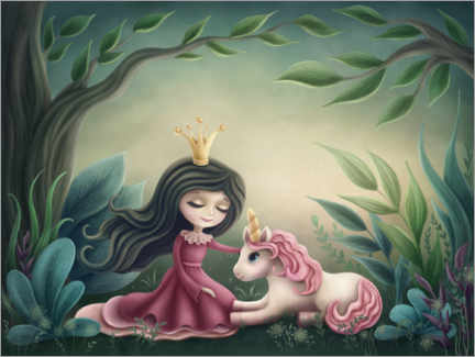 Poster  Prinzessin mit Einhorn im Zauberwald - Elena Schweitzer