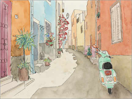 Gerahmter Kunstdruck  Mediterrane Gasse im Sommer mit Roller - Natalie Bruns