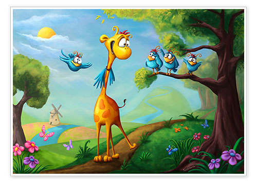 Poster Giraffe mit lustigen Vögeln