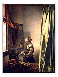 Poster Brieflesendes Mädchen am offenen Fenster