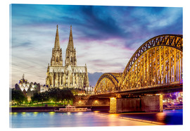 Acrylglasbild  Beleuchteter Dom in Köln mit Brücke und Rhein