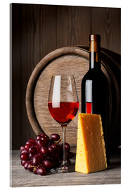 Acrylglasbild  Rotwein mit Käse und Trauben