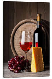 Leinwandbild  Rotwein mit Käse und Trauben