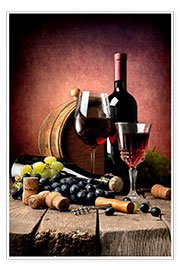 Wandbild  Rotwein mit Trauben und Korken