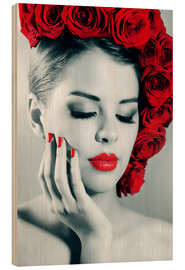 Holzbild  Rosendame mit roten Lippen