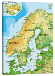 Leinwandbild  Skandinavien, Topographische Karte (Englisch)
