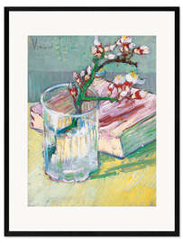 Gerahmter Kunstdruck  Blühender Mandelzweig in einem Glas mit einem Buch - Vincent van Gogh