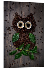Acrylglasbild  Kaffee-Eule aus Bohnen, Blättern und Tassen - Elena Schweitzer