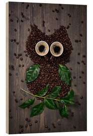 Holzbild  Kaffee-Eule aus Bohnen, Blättern und Tassen - Elena Schweitzer